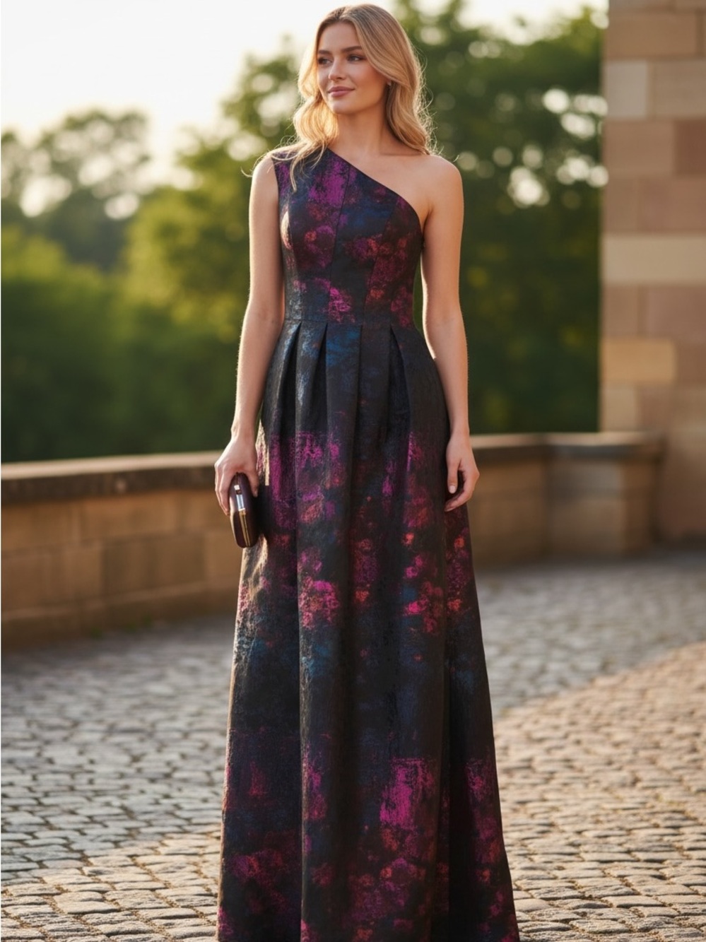 Kay Unger One-Shoulder Floral Jacquard Gown in Black and Magenta